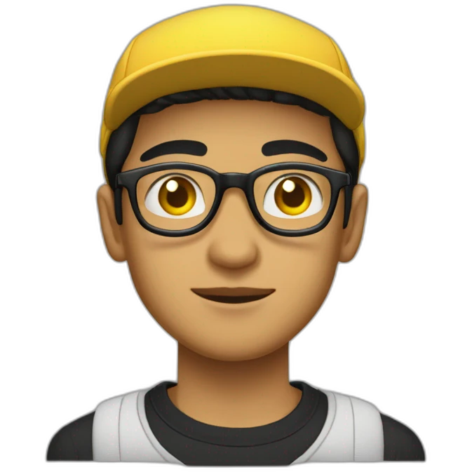 a light skin Pakistani teenager, wearing round glasses, short moustache, black hair, black jumper/sweater, structured manly face, yellow brimless cap emoji
