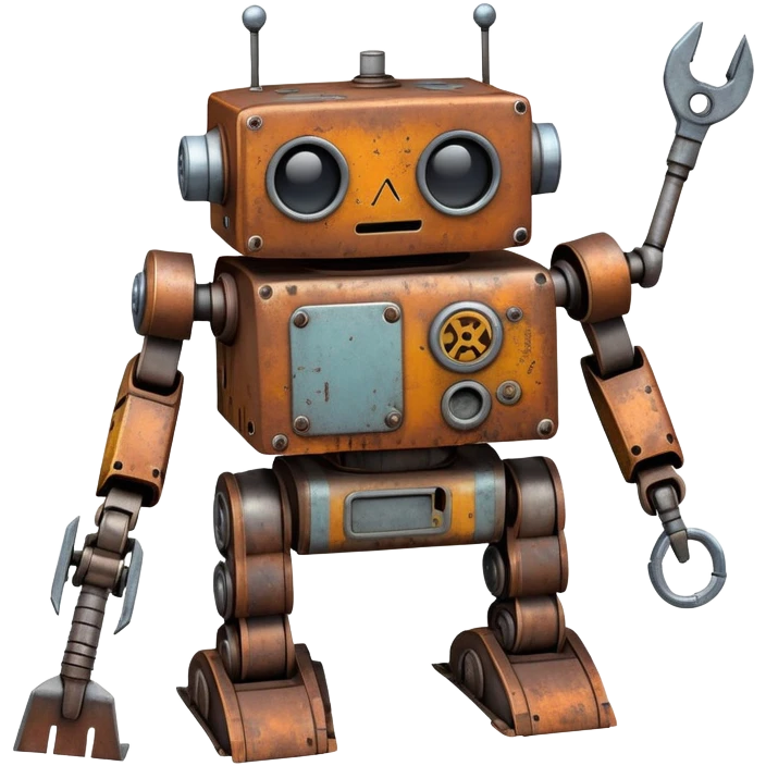 Rusted scavenger robot with patchwork body plates and collection tools attached emoji