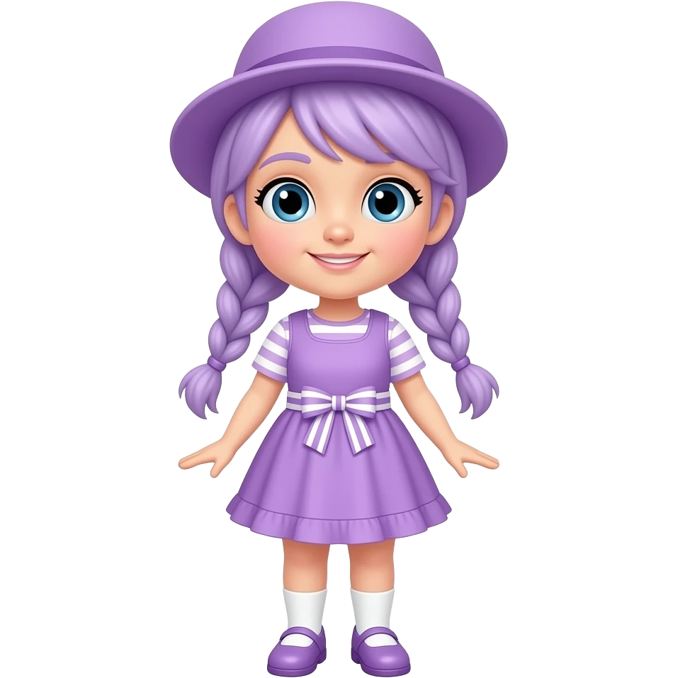 A girl with pale purple hair tied in braids and blue eyes, wearing a pale purple dress with white striped short sleeves and skirt, a pale purple frill, and a pale purple and white striped waist bow, pale purple shoes with white socks, and a pale purple hat. emoji
