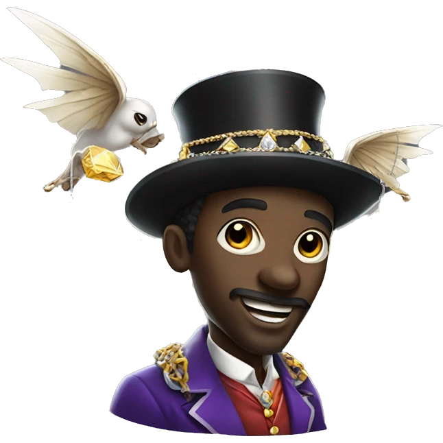 a flying rich black magician, wearing diamond chains emoji