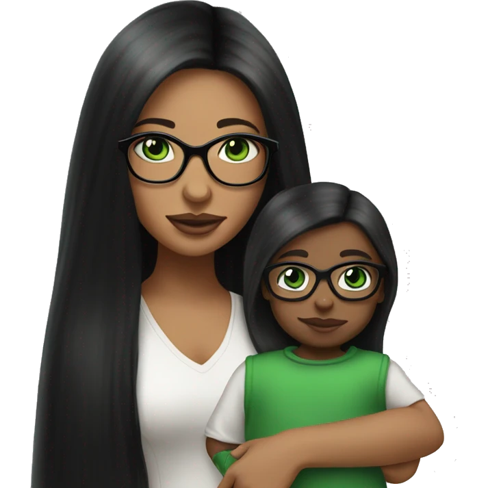 Black long straight hair with green eyes and glasses, big lips white girl holding one year old green eyes white baby boy emoji