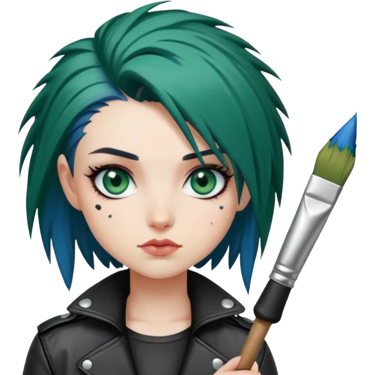 Punk-girl with dark green hair and blue eyes in leather jacket with brush  emoji
