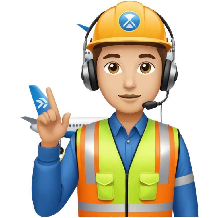 ramp agent at airport wearing reflective vest and headphones, directing aircraft emoji