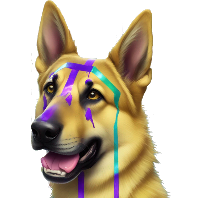 .Zombie_ Vaporwave black holographic oilslick zombie yellow German shepherd dog yellow caution tape graffiti stripes iridescent blue purple yellow stripes emoji