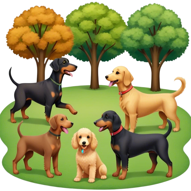 Collage of various dog breeds like Doberman, Poodle, Dachshund, and Golden Retriever, playing in a park with trees and grass. Some dogs run, others sit, all are full of energy and happiness. A joyful, colorful scene with playful expressions. Transparent background. emoji