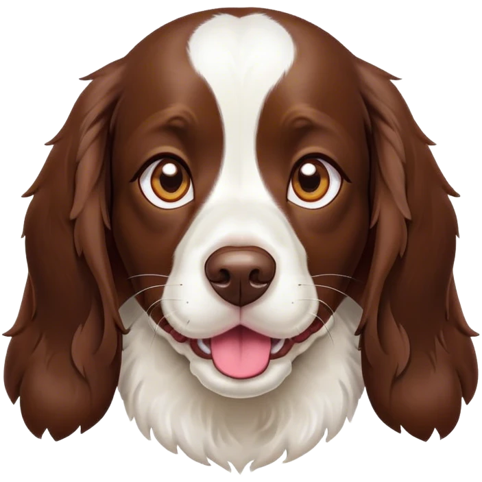 Cinematic Cute Springer Spaniel Portrait Emoji, Head tilted playfully and inquisitively, featuring a vibrant Fur of liver and white with a natural sheen, round, sparkling brown eyes filled with curiosity, Simplified yet irresistibly adorable features, highly detailed, glowing with a warm, friendly glow, high shine, affectionate and lively, stylized with a touch of whimsy, bright and endearing, soft glowing outline, capturing the essence of a mischievous yet loving pup, so playful it feels like it could frolic out of the screen and into your arms! emoji