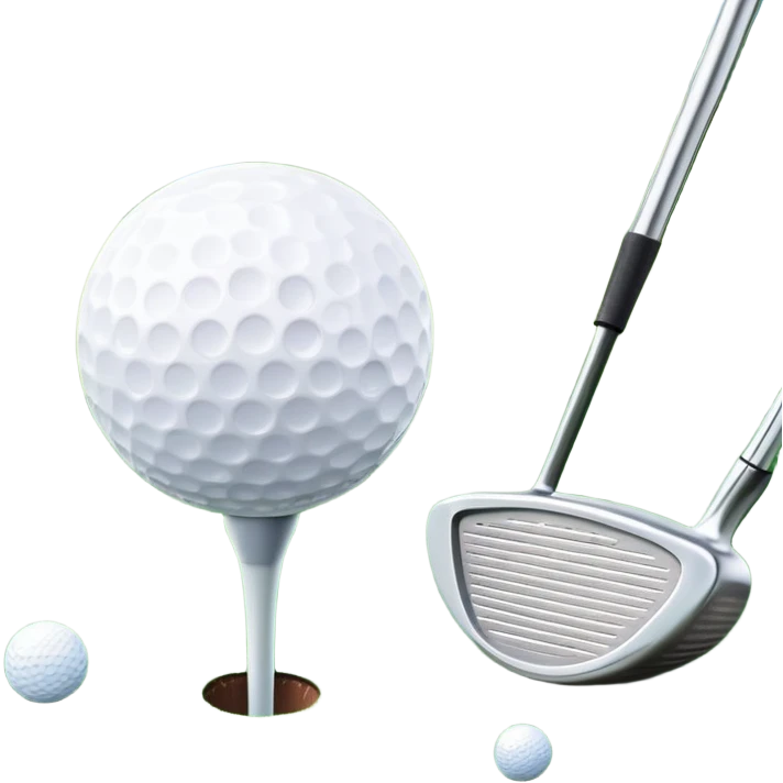 A golf ball on a tee, with a golf club placed beside it on the lush green fairway. The background shows a serene golf course with neatly trimmed grass and a clear blue sky, emphasizing the elegance and precision of the game. emoji