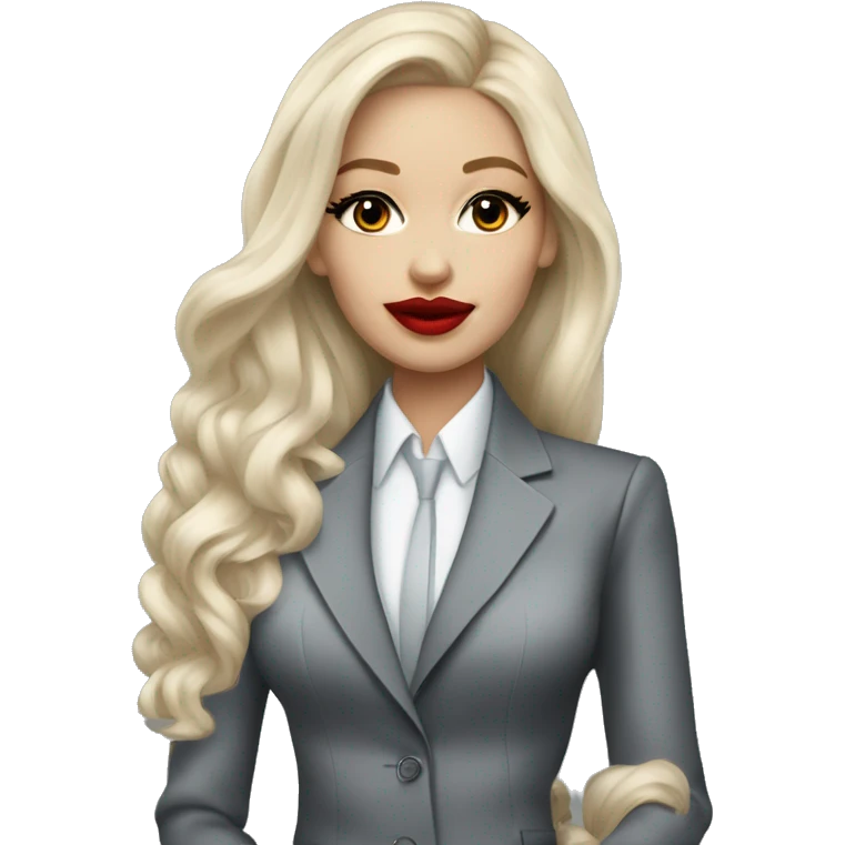 Russian Blonde long hair with big red lips small nose and black eyes Tiffany diamond seller in a grey suit emoji