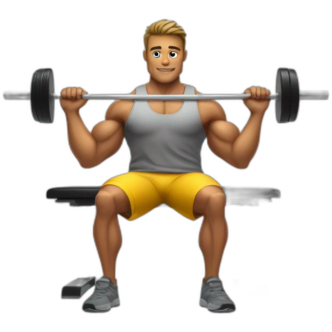 software developper on a musculation bench with a bar and macbook at each side of the bar emoji