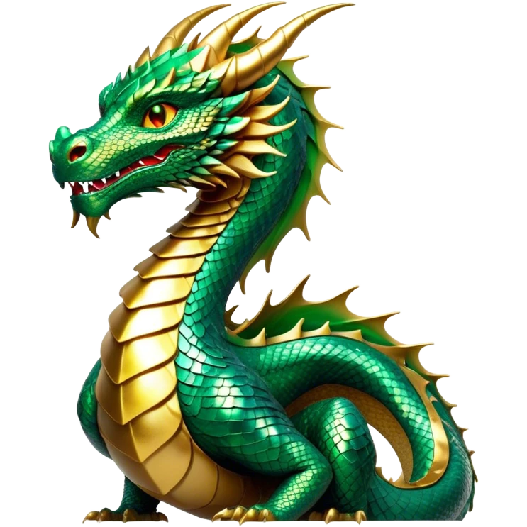 Cinematic Noble Dragon Portrait Emoji, Poised and majestic, with a sinuous, elongated body covered in intricately detailed, shimmering scales in hues of emerald and gold, and piercing, fiery eyes that reflect ancient wisdom; rendered with lifelike texture and natural highlights, high shine, intelligent and formidable, styled with an aura of mythic power, focused and attentive, soft glowing outline, capturing the essence of a legendary dragon that appears ready to soar out of the screen with timeless authority! emoji