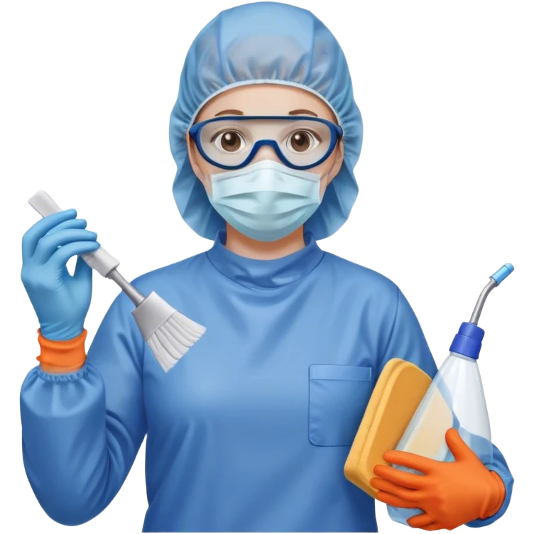 A meticulous cleanroom worker dressed in full protective gear, including a blue sterile suit, a face mask,  and orange gloves.  cleaning glasses with a wipe in one Hand emoji