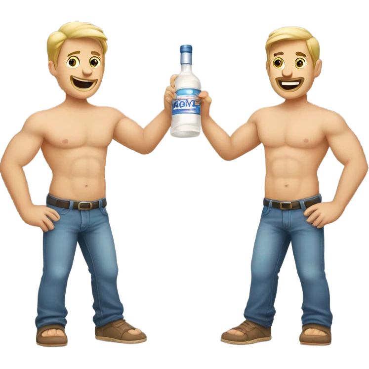 Two Caucasian men without shirts with vodka in hand emoji