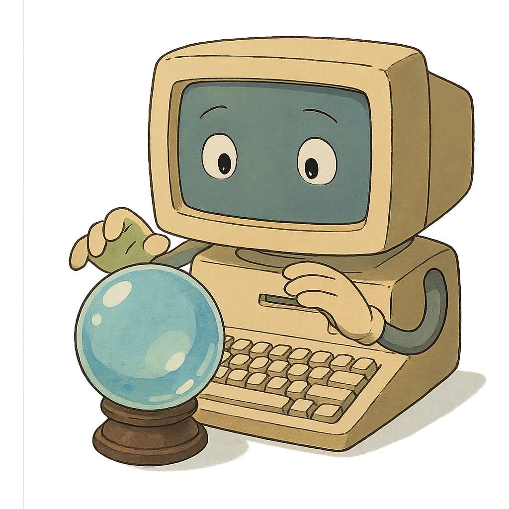 ghibli style computer reading a crystal ball emoji