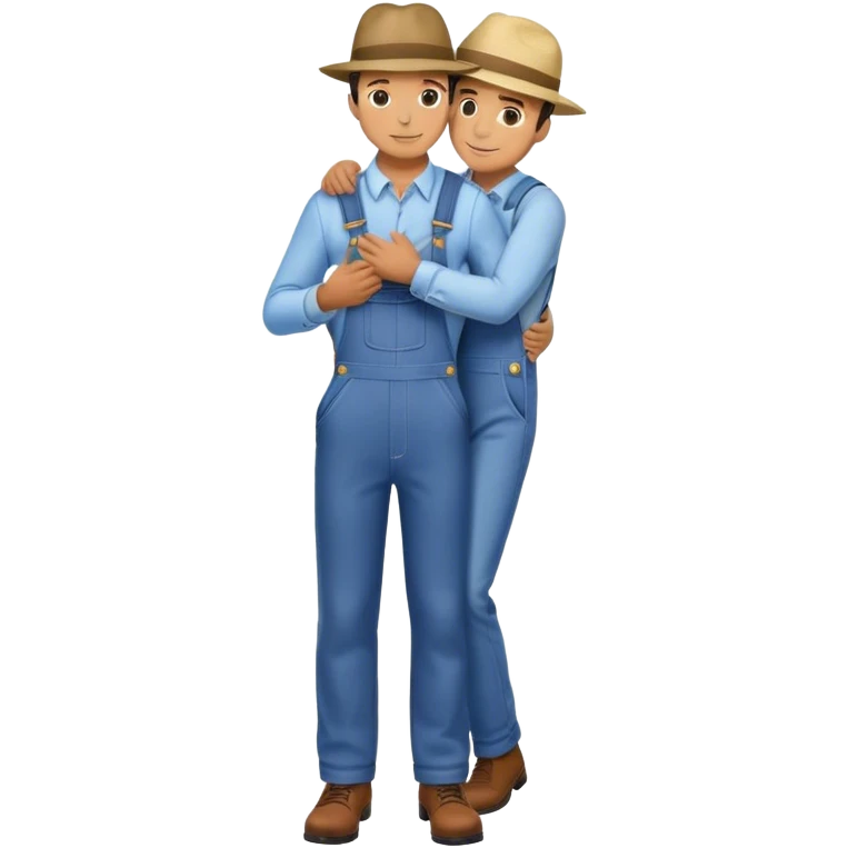 man in suit and hat hugs man in overall. Full height emoji