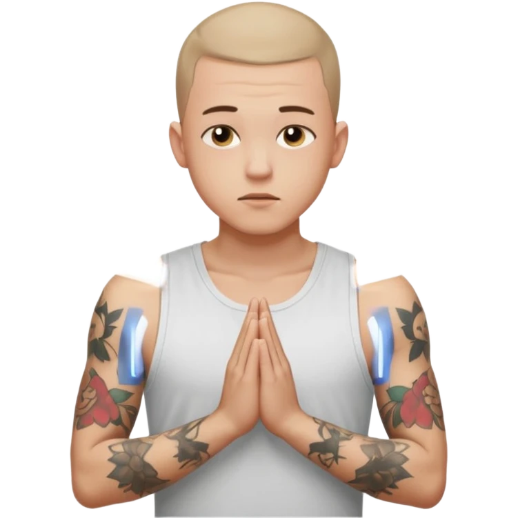 A 20 year old white man with a buzz cut and tattoos all over his arms and chest. Pleading face with hands praying wearing a white tanktop emoji