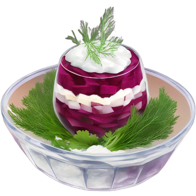 Shuba russian Layered Beet dish  with Herring and mayonnaise in Crystal bowl, dill on top  emoji