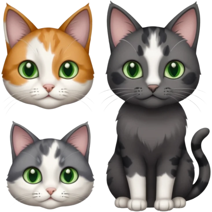 3 different coloured small cats including a dark grey and white, and a patchy calico and a completely solid dark grey with green eyes and only white paws emoji