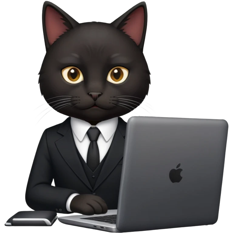 Black cat in a black business suit in an office with laptop emoji