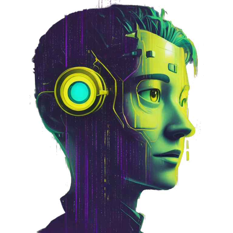 Secret human yellow emoji face agent with  cyberpunk elements with a spyglass scanning looking reviewing multicolor lines of code, cyan and purple colors, only upper body portrait emoji