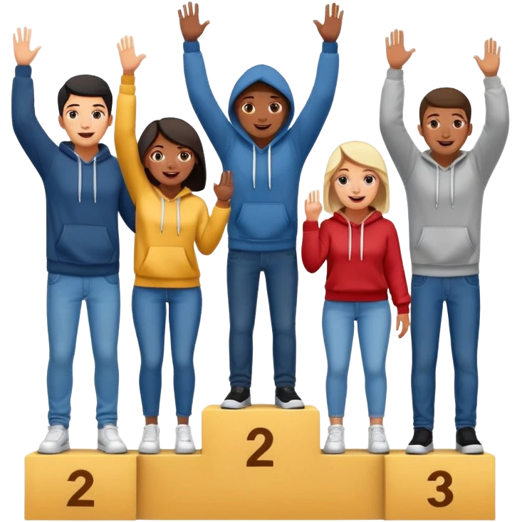 multi-racial people standing on a winners podium with the center step higher to show 1st place, no numbers on the podium, each person casually dressed in fun clothing like jeans and hoodies, excited fun expressive emoji style emoji