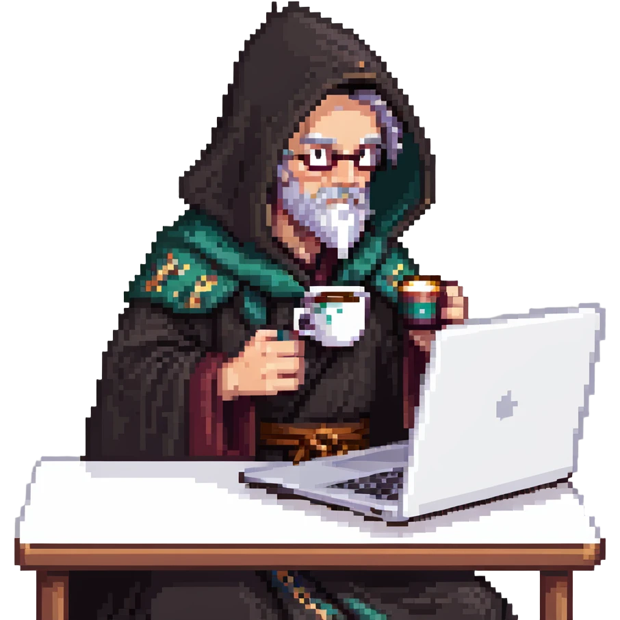 classic wizard upper body coding on a laptop, wearing dark robe, drinking coffee emoji