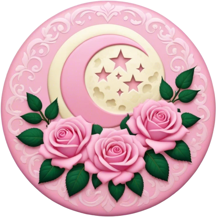 A round pink button with a light cream full damask moon and pink roses in the center emoji