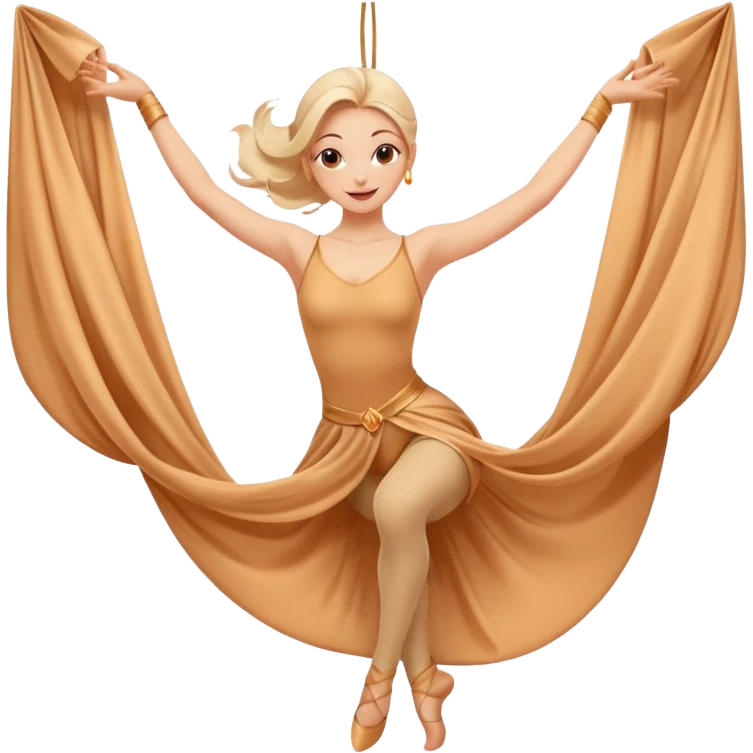 Emoji estilo ilustración de una mujer practicando danza aérea en tela, colgada en telas de seda, expresión feliz, estilo emoji moderno, colores suaves, fondo simple emoji