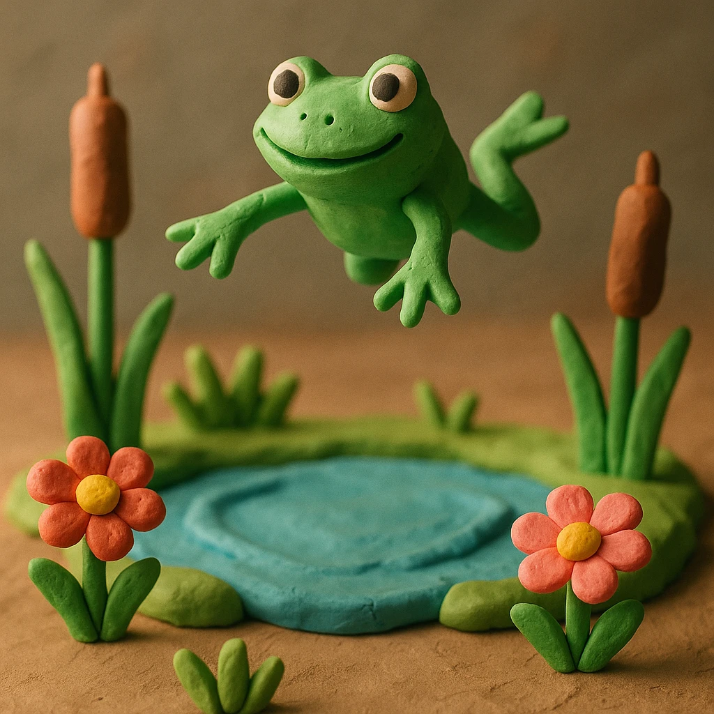 frog leaping above a pond with cattails and flowers, playful and colorful, claymation style emoji