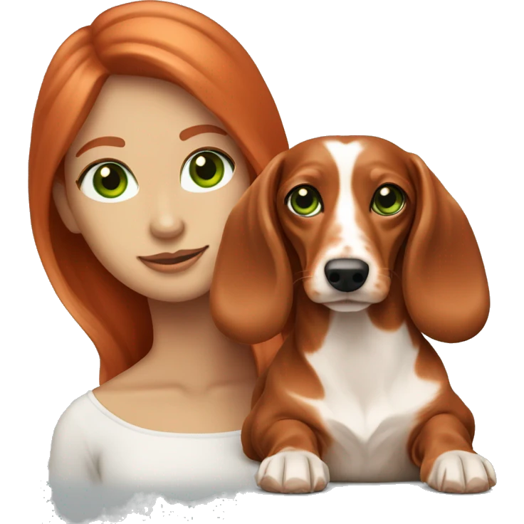 red head women green eyes with her light cream longhair dachshund emoji