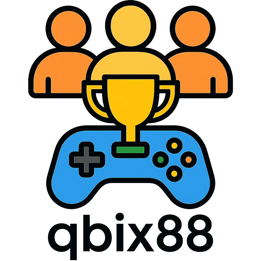Gaming platform icon for 'qbix88' with players, trophy, and controller emoji