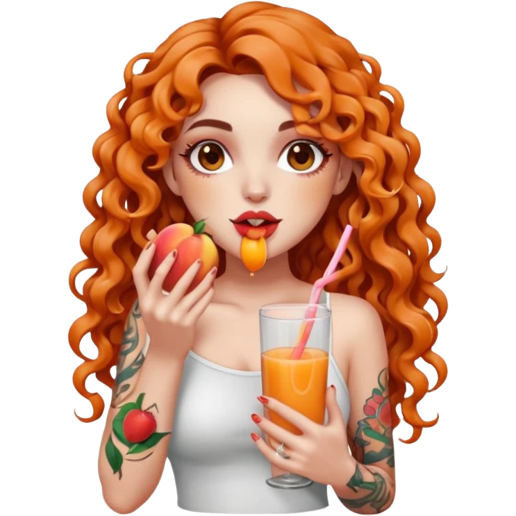 full body woman long curly brown hair brown eyes white skin tattoos holding sliced peach near lips, juice dripping on fingers, playful look emoji