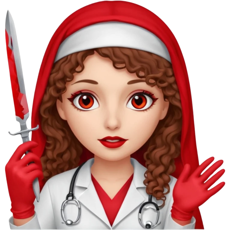 Lilith scalpel in hand, evil surgeon sexy surgeon clothes.  She has red eyes. She brown long curly hair. Wears sexy doctor outfit with red gloves. Wears red burka to hide her mouth and nose emoji