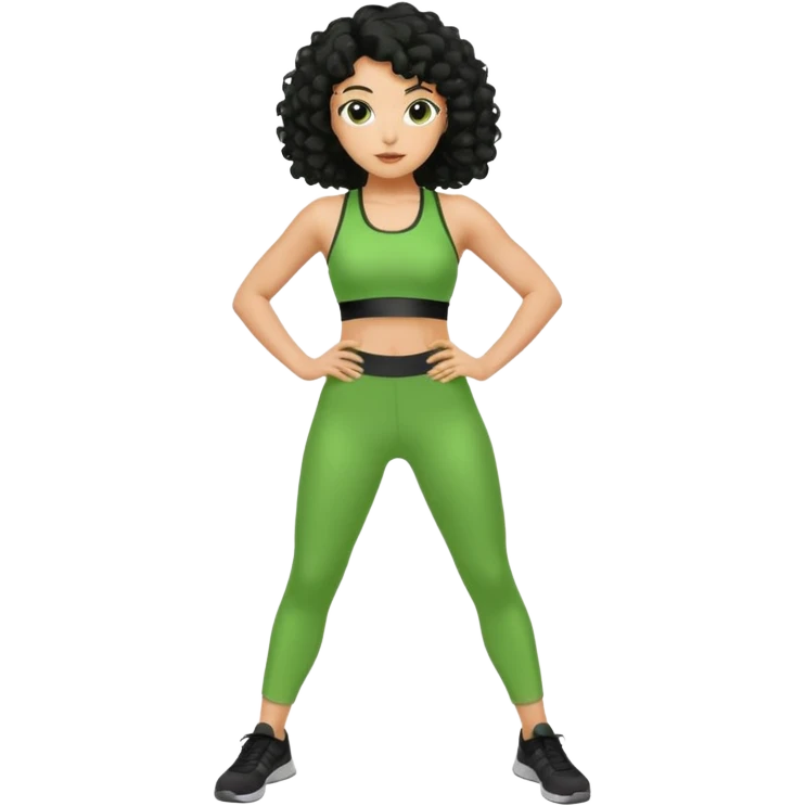 woman with olive skin and curly black hair wearing a green workout outfit and standing in a disco pose emoji