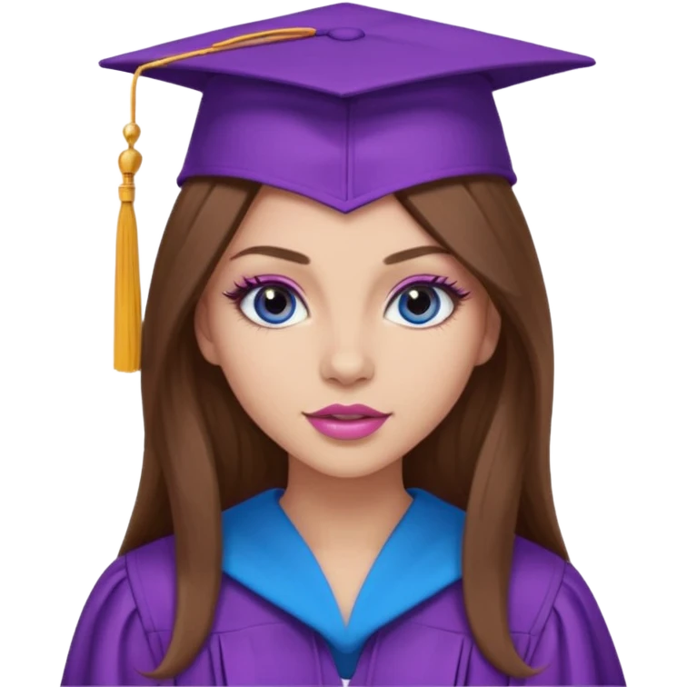 girl with gorgeous long brown hair, blue eyes, long lashes makeup, sexy pink lips, wearing a purple graduation cap and gown emoji