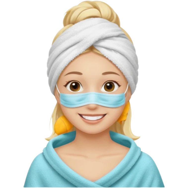 Chica rubia con toalla en la cabeza y mascarilla en la cara emoji