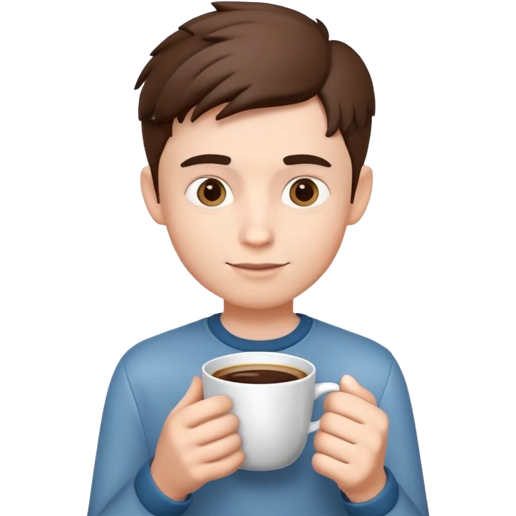 generate realistic detailed boy with cup of coffee in hand in 3d style emoji