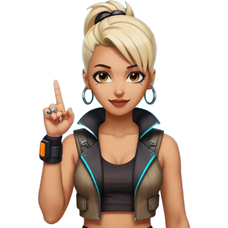 Woman with her tongue out in cyberpunk clothing and giving the middle finger. Looking naughty. emoji