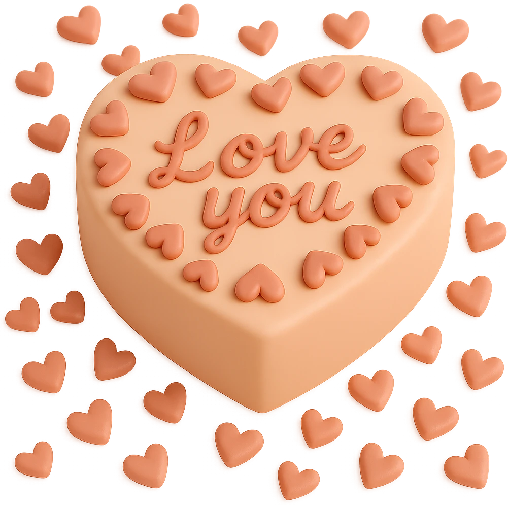 Add more small fondant hearts around the main heart-shaped cake with the 'Love you' message, in fondant cake art style, keep transparent background. emoji
