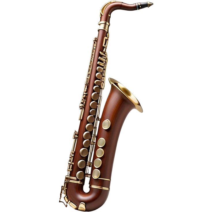 Create a detailed and elegant emoji representing a professional bassoon Oscar Adler. The design should showcase the long, slender wooden body of the bassoon with its distinct curves and metal fittings. Highlight the keywork and metal rings around the joints, with subtle light reflections on the wood to give it a polished appearance. The top of the bassoon should have the characteristic metal bell, and the reed should be clearly visible at the mouthpiece. Use warm wood tones like deep brown and mahogany for the body, with silver or brass accents for the metal parts. Add soft musical notes or soundwaves around the instrument to evoke its rich, deep sound. The background should be transparent. emoji