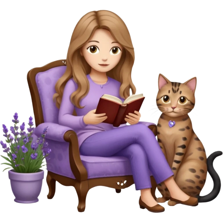 detailed emoji of a woman with long light brown wavy hair and light brown eyes reading a book, sitting on a comfortable reading chair, with a black cat and a brown spotted cat beside her, small table next to the chair with a coffee cup on it, in a garden filled with lavender flowers emoji
