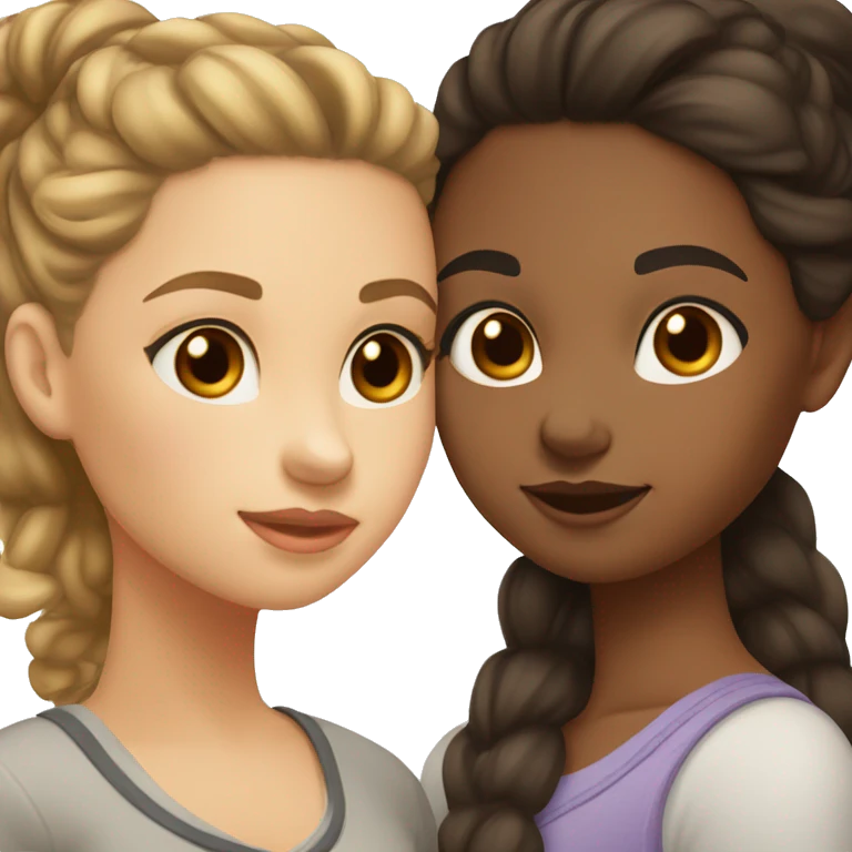 two girls are kissing, one of them has light skin, brown eyes, dark brown hair in a bun, the other has light skin, gray eyes and long brown loose hair emoji