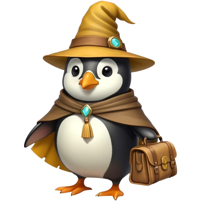 A wizard-explorer penguin inspired by Indiana Jones, wearing a weathered yellow enchanted hat and a flowing cape. It carries a leather satchel with ancient scrolls. Cartoon-style, smooth shading, highly detailed, no background emoji