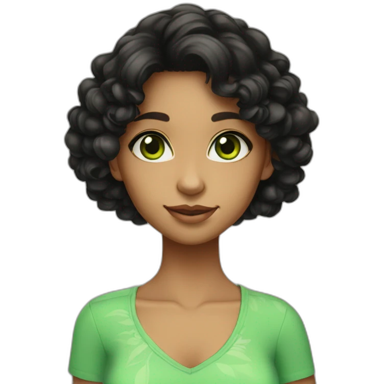 Shoulder length Curly black hair girl big green eyes hawaian skin color emoji