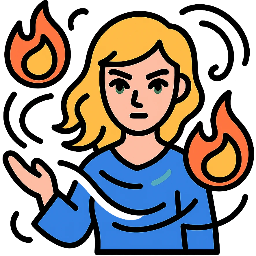 blonde woman with green eyes casting fireballs with magical energy swirling around her, color outline icon style emoji