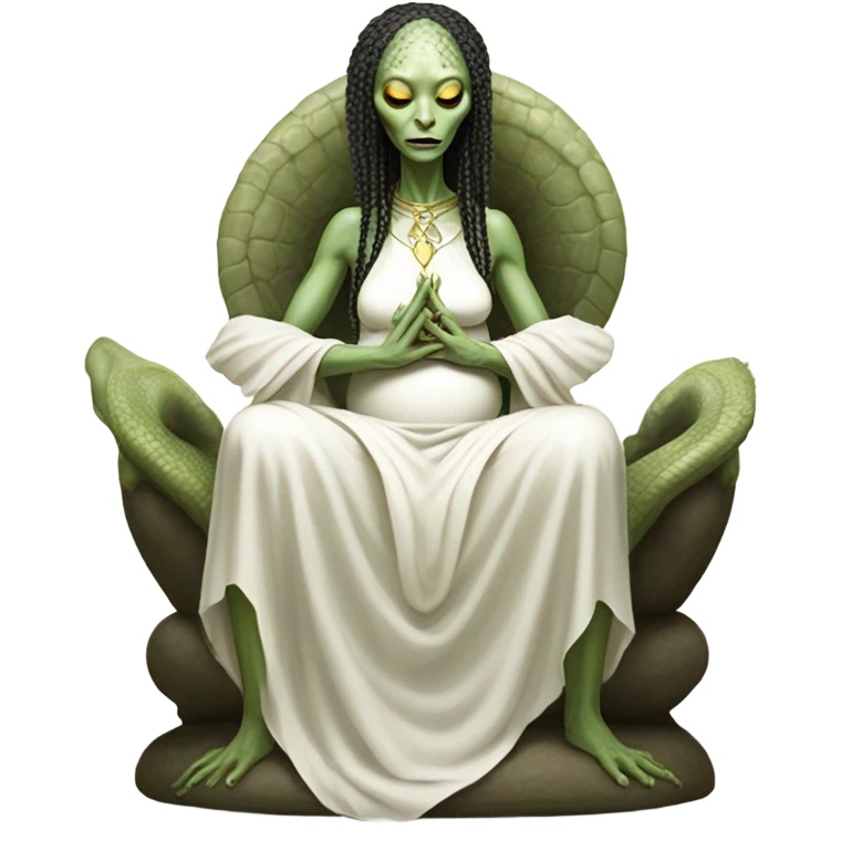 a Reptilian alien woman, pregnant, in meditation, white dress like a priestess emoji