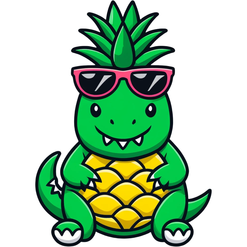 A pineapple with crocodile features - green crocodile legs and tail, crocodile teeth on the pineapple, wearing sunglasses emoji