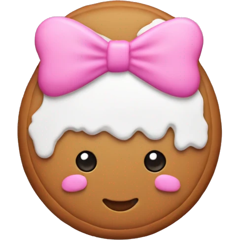 Gingerbread cookie wearing a pink bow on right side of the head with white frosting dress emoji