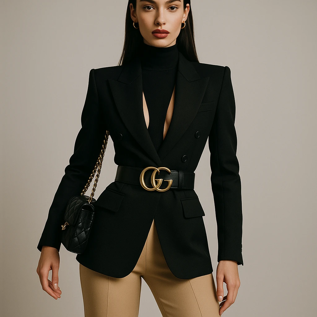 a girl with thin eyebrows, straight dark hair, big lips, and a shapely figure, wearing high-fashion clothes, stylish and modern look emoji