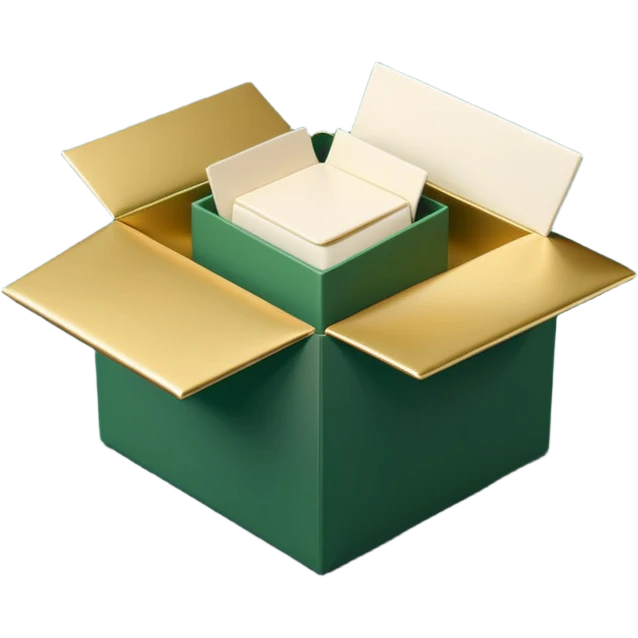 3D minimal open box with multiple envelopes floating out of it, matte finish, deep green (#0B3D2C) box, cream white (#F5F5DC) envelopes, subtle gold (#C9B037) accents, Apple style, ultra sleek, soft shadow, transparent background emoji