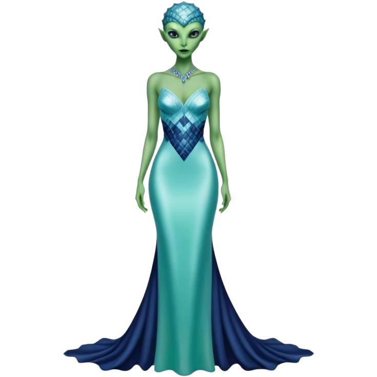 alien reptilian green skin woman, in long slim pastel blue formal party satin dress with gradient shiny sparkling navy blue diamonds embroidered  emoji